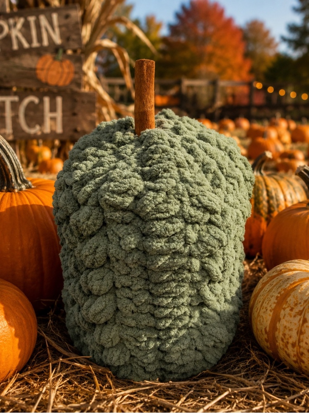 Handmade Sage Green Crochet Pumpkin Plush Fall Farmhouse Decor